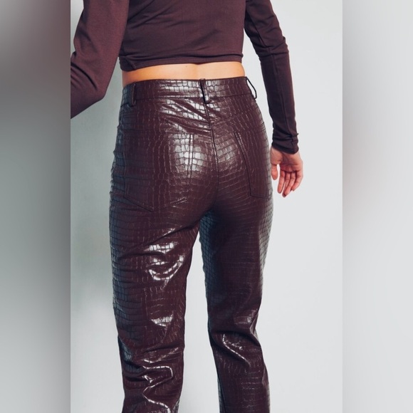 🆕Dark Brown Straight Leg Faux Leather Pants with Crocodile Finish - Picture 2 of 14
